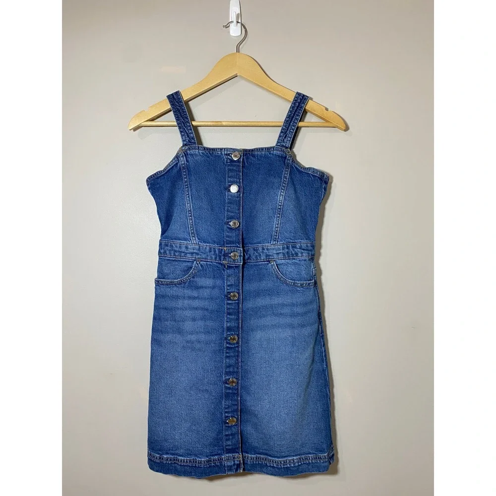GAP Kids Denim Button Front Dress XL Blue Jean Sleeveless‎ Bibbed Pinafore Dress